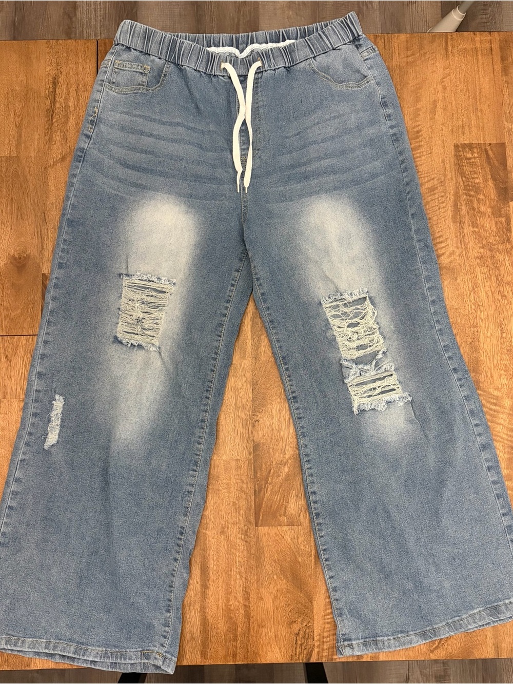 Women’s Wide Leg Distressed Drawstring Jeans - Light Blue
